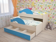 Кровать выкатная двухъярусная Техномебель РАДУГА Без ящика Дуб млечный / Голубой