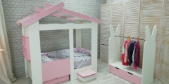 Кровать со ступенькой и ящиком и стеллаж Мир мебели Теремок + Зайка Белый-Розовый