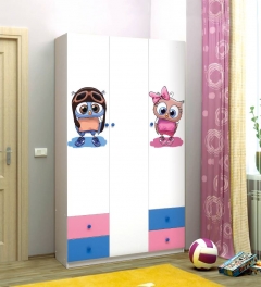 Шкаф 3-х дверный Матрица с ящиками и фотопечатью Совята 3.1 Белый/Ярко-розовый/Синий